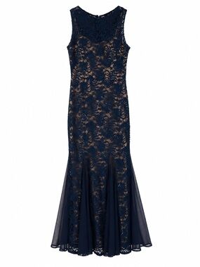 Alex Evenings Navy Lace Mermaid Maxi Dress with Nude Underlay